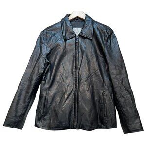 Nine West Women's Classic Leather Jacket Size L Black Full Zipper